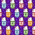 Bright pattern with hot winter beverage mugs.